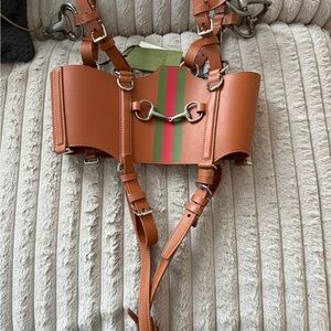 Gucci Tan Leather Harness with Green and Red Stripes